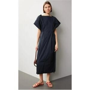 Plan C Button Back Dress Batwing Sleeve Pintucked Midi Navy Blue FR 42 US 8